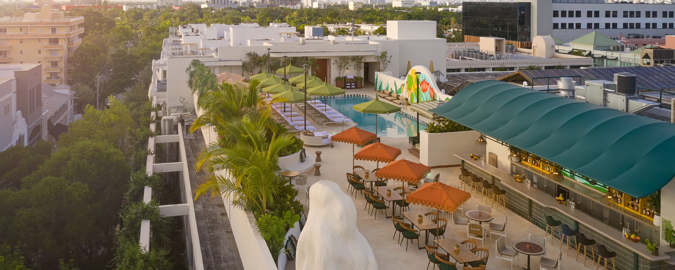 Golden-hour view of the rooftop pool and colorful Sipsip terrace at Mayfair House Hotel & Garden